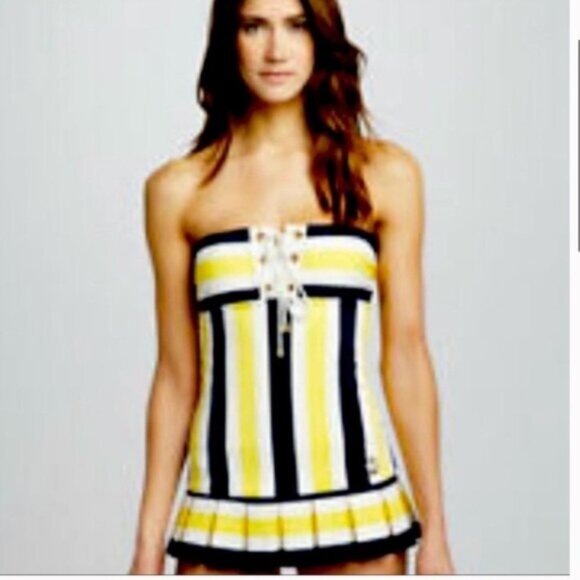 Juicy Couture Vintage Y2K Pleated Skirt Striped Nautical Swimsuit Pin Up Retro M - Picture 6 of 16